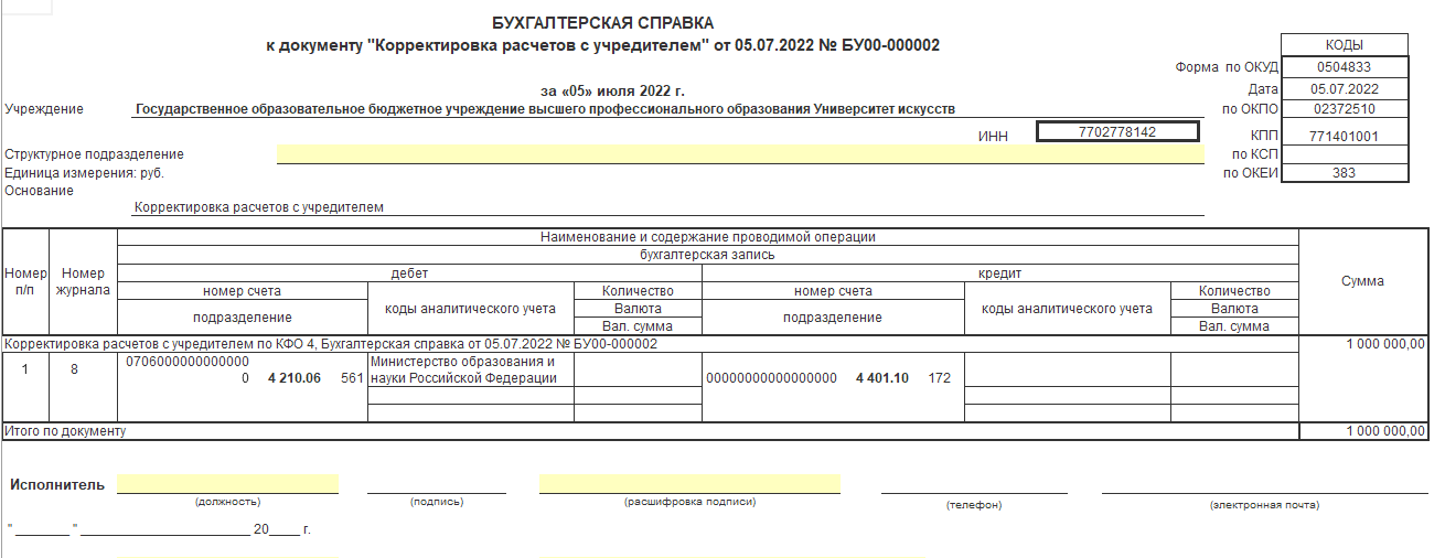 Форма 0504833 образец заполнения для бюджетных учреждений