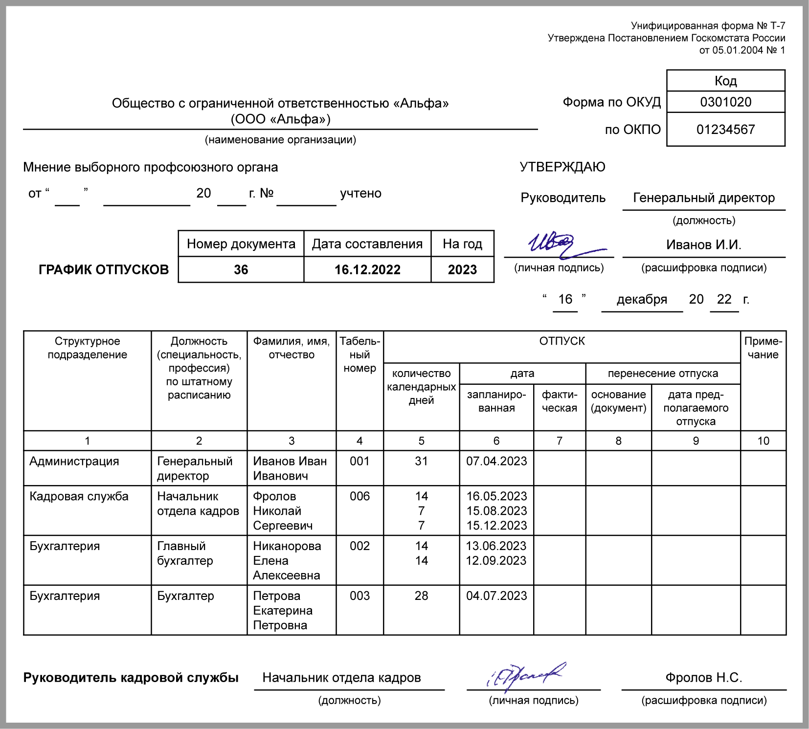 План график отпусков