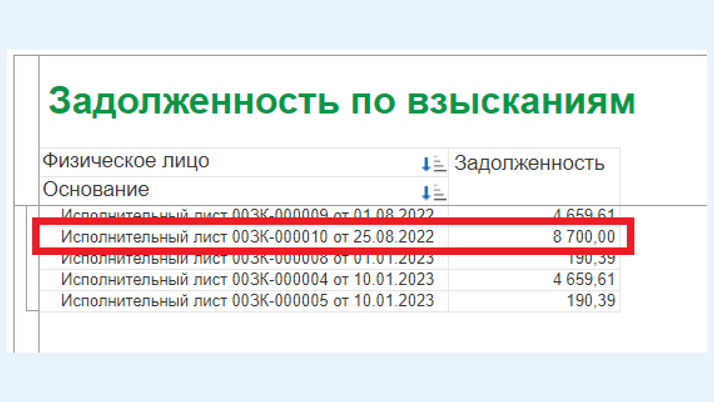 Отчет «Задолженность по взысканиям»
